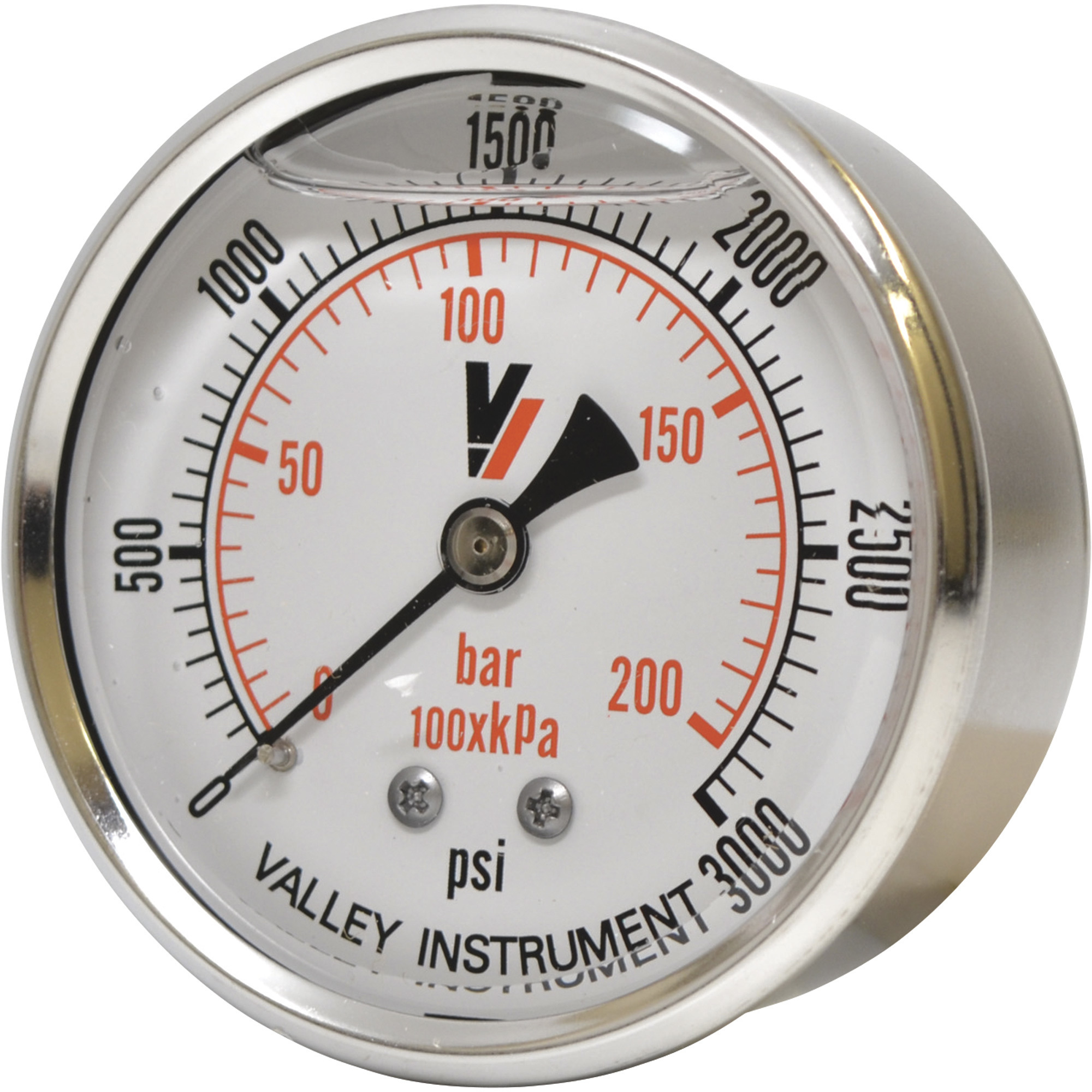 Valley Industries, 2.5in. Back Mt Gauge 3000PSI, Case Material Stainless Steel, Min. Operating Pressure 0 PSI, Max. Operating Pressure 3000 PSI, Model# 2240GXB3000